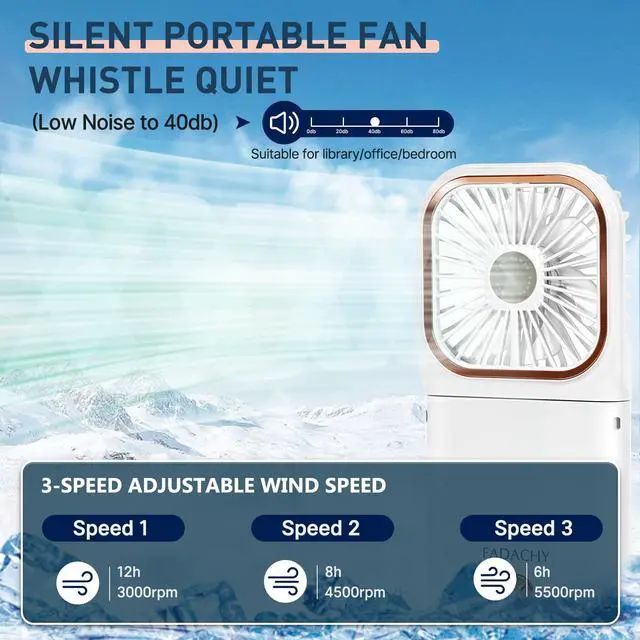 Alt view image 4 of 6 - Mini Fan Handheld Personal Fan Breeze Quiet Power Neck Fan Rechargeable, Outdoors, Hiking, Camping, white