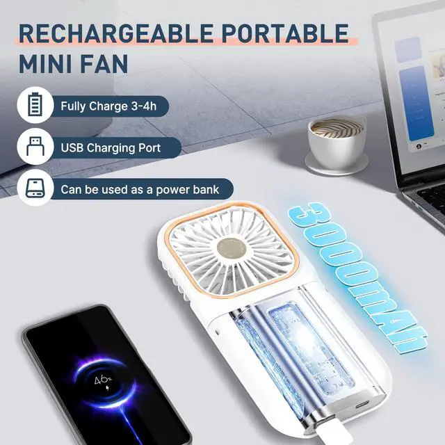 Alt view image 3 of 6 - Mini Fan Handheld Personal Fan Breeze Quiet Power Neck Fan Rechargeable, Outdoors, Hiking, Camping, white