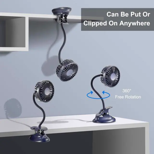 Alt view image 4 of 7 - Clip on Fan Usb Battery Operated Desk Clip Fan with Emergency Power Bank, Baby Stroller Fan Rechargeable Personal Fan Flexible Neck 3 Speeds Great for Beach Car Camping Dorm Bed Office-Navy Blue