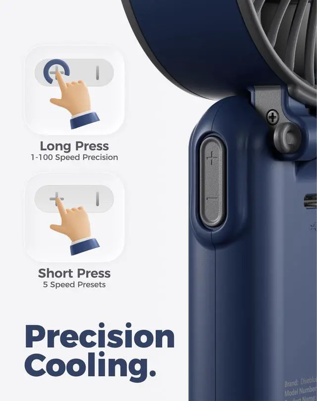 Alt view image 5 of 7 - Portable Handheld Fan, 7.4m/s High Speed Turbo Fan, 180° Foldable 4-in-1 Personal Neck Fan Integrated Carabiner Clip, 100 Speed Stepless Control, USB-C Rechargeable, 12H Battery, Fanzy D6036