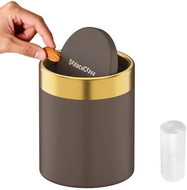 Main image of Countertop Trash Can with Lid for Desk Top,0.4 Gallon Stainless Steel Mini Trash Can for DeskCarOfficeKitchen,Swing Top Trash Bin with a Roll of Trash Bag(Brown)