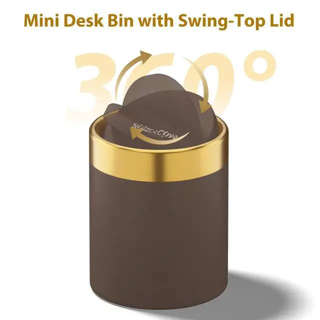 Alt view image 2 of 7 - Countertop Trash Can with Lid for Desk Top,0.4 Gallon Stainless Steel Mini Trash Can for DeskCarOfficeKitchen,Swing Top Trash Bin with a Roll of Trash Bag(Brown)