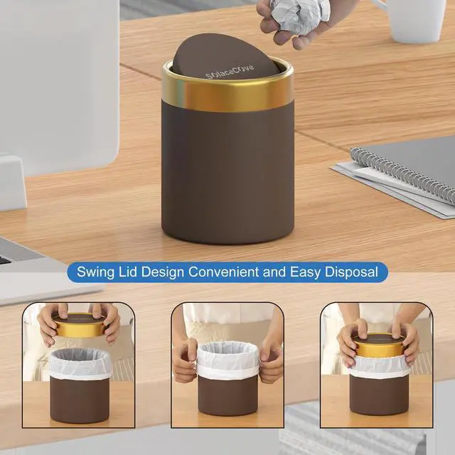 Alt view image 4 of 7 - Countertop Trash Can with Lid for Desk Top,0.4 Gallon Stainless Steel Mini Trash Can for DeskCarOfficeKitchen,Swing Top Trash Bin with a Roll of Trash Bag(Brown)