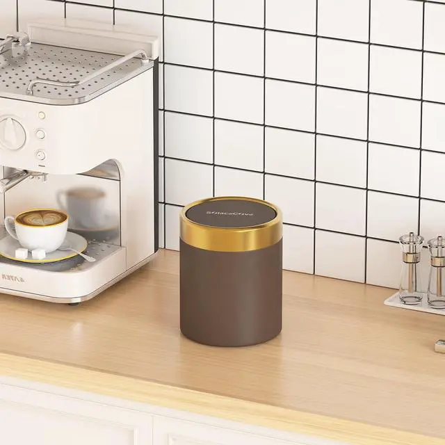 Alt view image 3 of 7 - Countertop Trash Can with Lid for Desk Top,0.4 Gallon Stainless Steel Mini Trash Can for DeskCarOfficeKitchen,Swing Top Trash Bin with a Roll of Trash Bag(Brown)