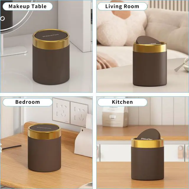 Alt view image 7 of 7 - Countertop Trash Can with Lid for Desk Top,0.4 Gallon Stainless Steel Mini Trash Can for DeskCarOfficeKitchen,Swing Top Trash Bin with a Roll of Trash Bag(Brown)