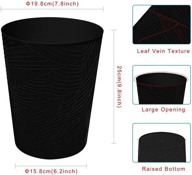 Alt view image 6 of 6 - Small Trash Can, 1.8 Gallon Round Wastebasket with Leaf Pattern, Recycling Bin for Bathroom, Office, Dorm, BedroomGarbage Can for Kids Room, Laundry Room (2, Black)