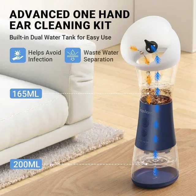 Alt view image 2 of 7 - Electric Ear Cleaner w/Water Temperature Sensor, Ear Cleaning Kit, Earwax Removal Tool w/ 4 Pressure Modes, IPX6 Ear Irrigation Flushing Kit, One-Piece Tank, Blue