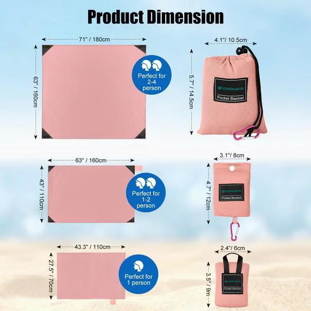 Alt view image 2 of 7 - Beach Blanket Picnic Blanket, 43" x 63" SandProof Waterproof Outdoor Pocket Blanket with Portable Bag, Foldable Lightweight Sand Free Quick Drying Beach Mat for Hiking Camping Travel, Pink