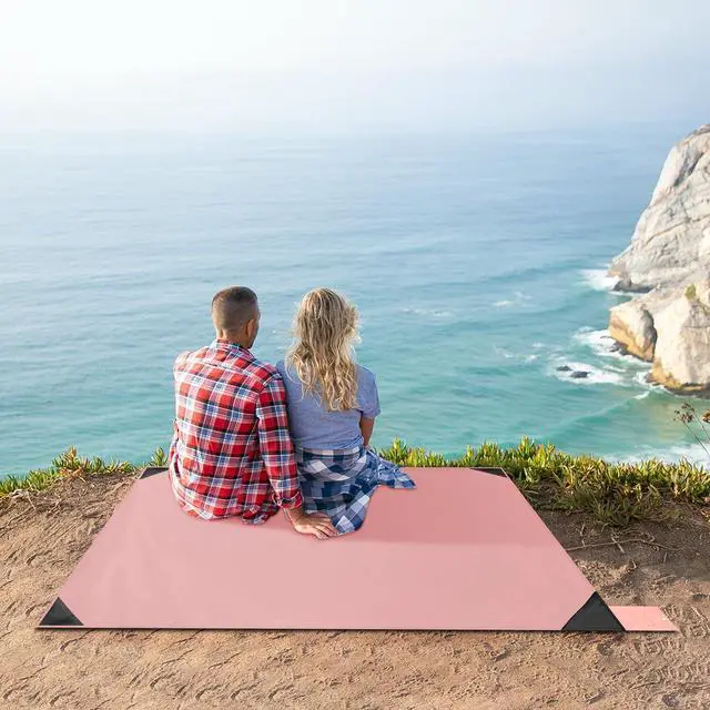 Alt view image 6 of 7 - Beach Blanket Picnic Blanket, 43" x 63" SandProof Waterproof Outdoor Pocket Blanket with Portable Bag, Foldable Lightweight Sand Free Quick Drying Beach Mat for Hiking Camping Travel, Pink