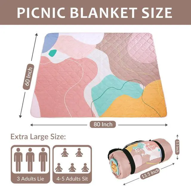 Alt view image 3 of 7 - Waterproof Picnic Blankets 60x80 Inch, 3 Layer Extra Large, Sandproof and Foldable Outdoor Blanket for Beach Camping, Park and Travel,Abstract Pink
