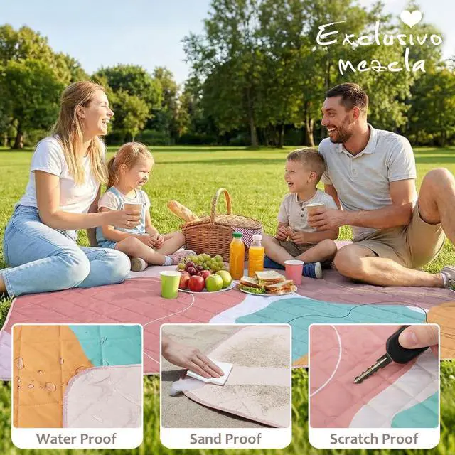 Alt view image 4 of 7 - Waterproof Picnic Blankets 60x80 Inch, 3 Layer Extra Large, Sandproof and Foldable Outdoor Blanket for Beach Camping, Park and Travel,Abstract Pink
