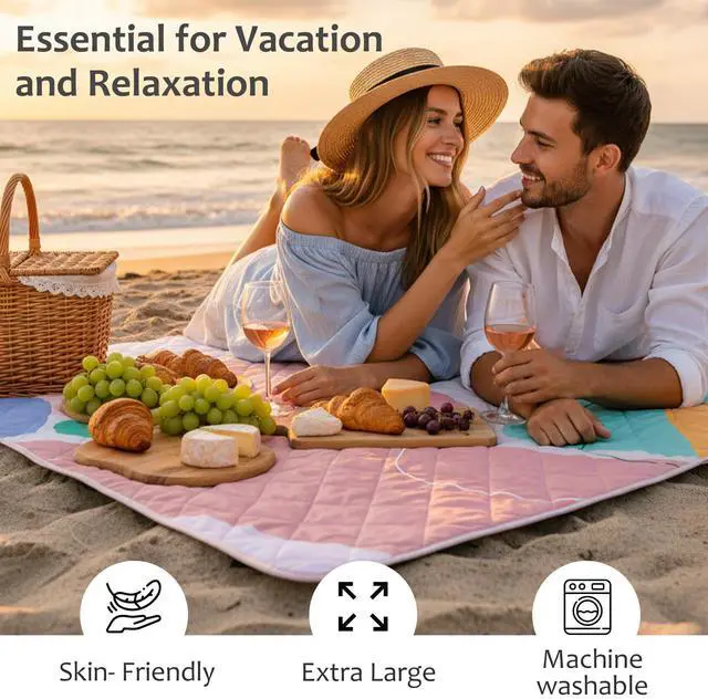 Alt view image 5 of 7 - Waterproof Picnic Blankets 60x80 Inch, 3 Layer Extra Large, Sandproof and Foldable Outdoor Blanket for Beach Camping, Park and Travel,Abstract Pink