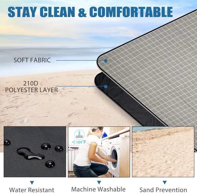 Alt view image 3 of 7 - Picnic Outdoor Blankets Waterproof Extra Large - Beach Mat Sand Free Foldable with Carry Strap | Portable Camping Blanket | Park Blanket for Grass Park, Hiking, Travel, Concerts, Indoor (Grey Check)