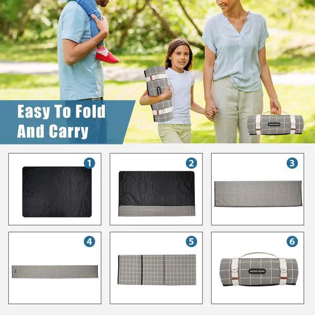 Alt view image 5 of 7 - Picnic Outdoor Blankets Waterproof Extra Large - Beach Mat Sand Free Foldable with Carry Strap | Portable Camping Blanket | Park Blanket for Grass Park, Hiking, Travel, Concerts, Indoor (Grey Check)