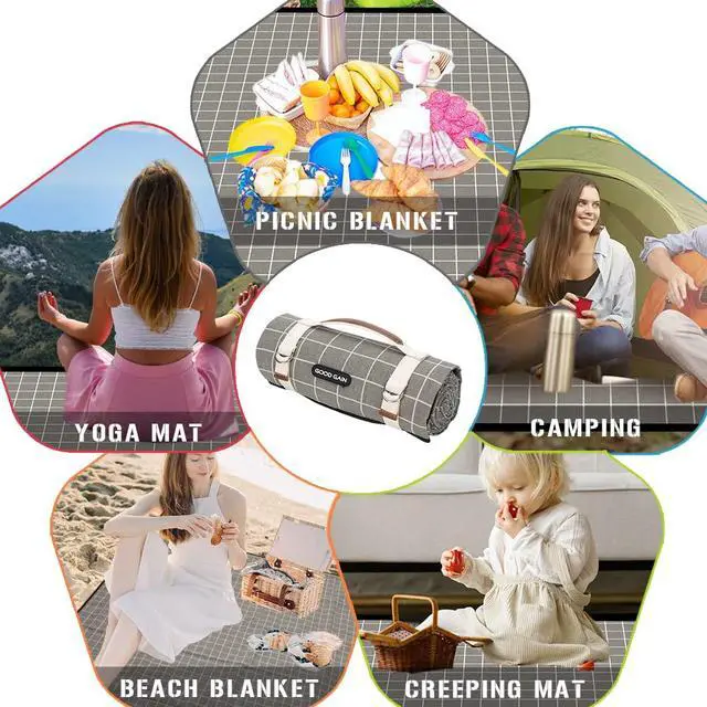 Alt view image 6 of 7 - Picnic Outdoor Blankets Waterproof Extra Large - Beach Mat Sand Free Foldable with Carry Strap | Portable Camping Blanket | Park Blanket for Grass Park, Hiking, Travel, Concerts, Indoor (Grey Check)