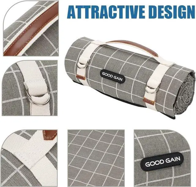 Alt view image 7 of 7 - Picnic Outdoor Blankets Waterproof Extra Large - Beach Mat Sand Free Foldable with Carry Strap | Portable Camping Blanket | Park Blanket for Grass Park, Hiking, Travel, Concerts, Indoor (Grey Check)