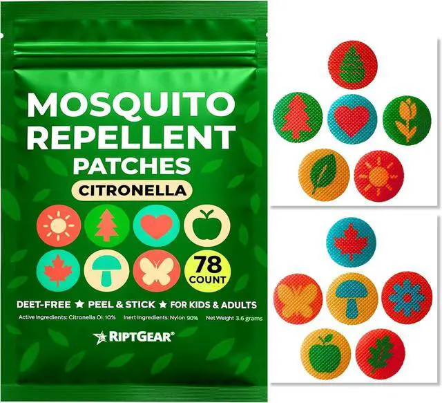 Main image of Mosquito Patches - 78 Pack of Bug Stickers for Kids and Adults, Natural Citronella Patch Sticks to Any Surface - DEET Free Mosquito Stickers