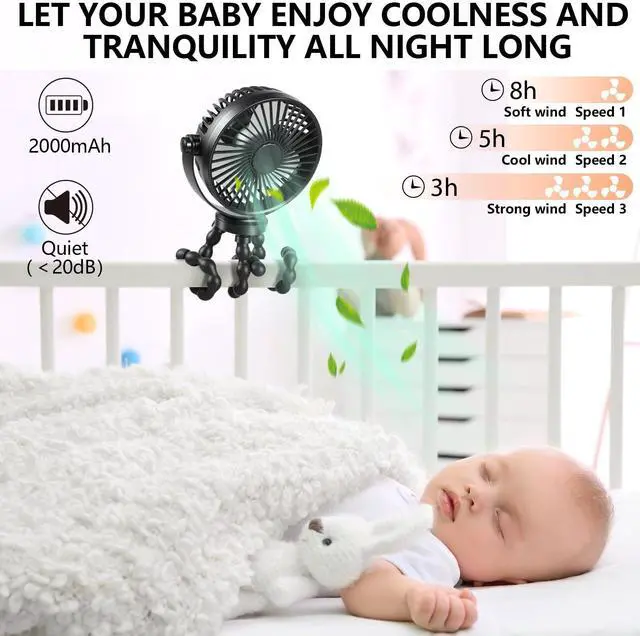 Alt view image 4 of 6 - Mini Handheld Personal Portable Fan, Baby Stroller Fan, Car Seat USB or Battery Powered, with Flexible Tripod Clip on Student Bed Desk Bike Crib Treadmill Camping Traveling(Classic Black)