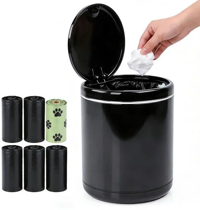 Main image of Mini Trash Can for Desk with 5 Rolls of Trash Bags, Small Press-Top Full Lid Design Countertop Garbage Bin, Removable Plastic Waste Basket for Bedroom,Kitchen,Office,Garage, Camping(Black)