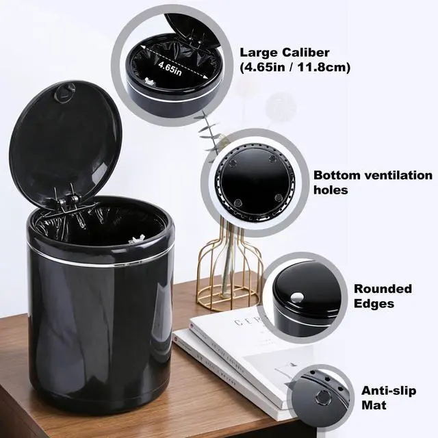 Alt view image 2 of 7 - Mini Trash Can for Desk with 5 Rolls of Trash Bags, Small Press-Top Full Lid Design Countertop Garbage Bin, Removable Plastic Waste Basket for Bedroom,Kitchen,Office,Garage, Camping(Black)