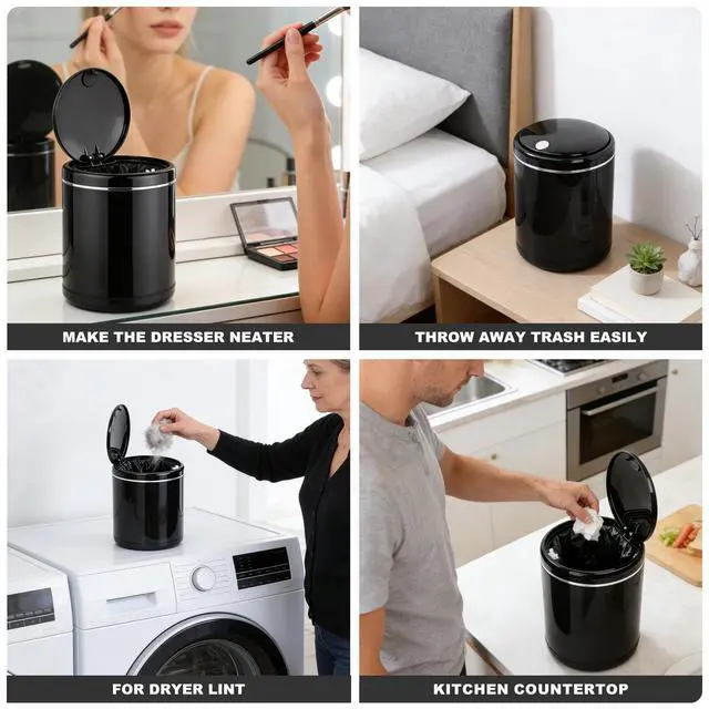 Alt view image 7 of 7 - Mini Trash Can for Desk with 5 Rolls of Trash Bags, Small Press-Top Full Lid Design Countertop Garbage Bin, Removable Plastic Waste Basket for Bedroom,Kitchen,Office,Garage, Camping(Black)