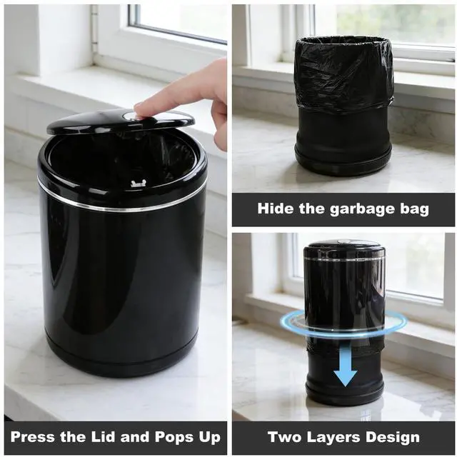Alt view image 6 of 7 - Mini Trash Can for Desk with 5 Rolls of Trash Bags, Small Press-Top Full Lid Design Countertop Garbage Bin, Removable Plastic Waste Basket for Bedroom,Kitchen,Office,Garage, Camping(Black)