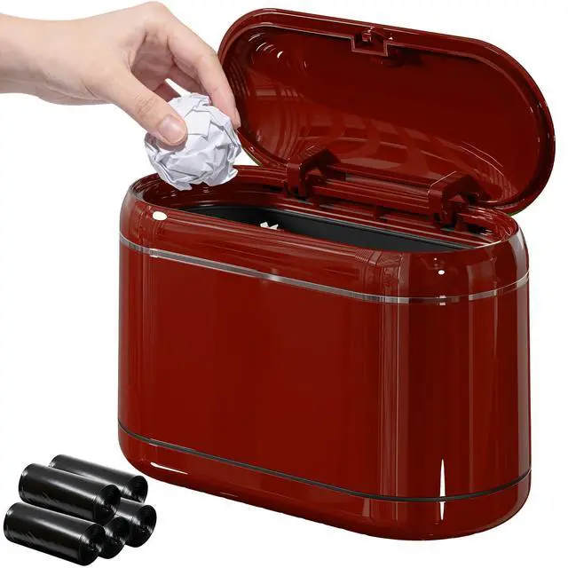Main image of Mini Trash Can for Desk with 5 Rolls of Trash Bags, Small Press-Top Countertop Garbage Bin, Removable Waste Basket for Bedroom, Vanity, Coffee Table, Kitchen (Red Full-Lid)