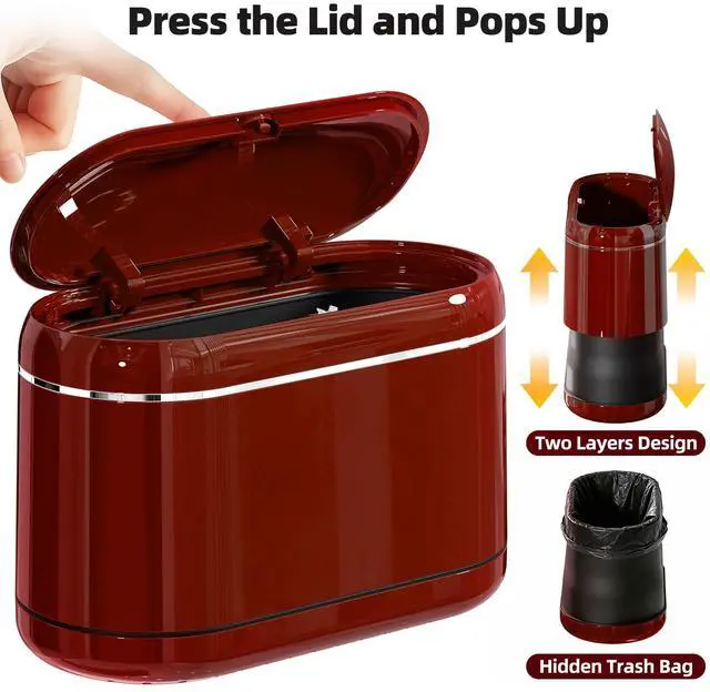 Alt view image 3 of 7 - Mini Trash Can for Desk with 5 Rolls of Trash Bags, Small Press-Top Countertop Garbage Bin, Removable Waste Basket for Bedroom, Vanity, Coffee Table, Kitchen (Red Full-Lid)