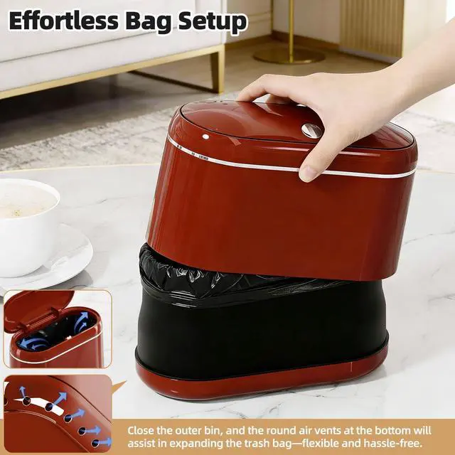 Alt view image 5 of 7 - Mini Trash Can for Desk with 5 Rolls of Trash Bags, Small Press-Top Countertop Garbage Bin, Removable Waste Basket for Bedroom, Vanity, Coffee Table, Kitchen (Red Full-Lid)
