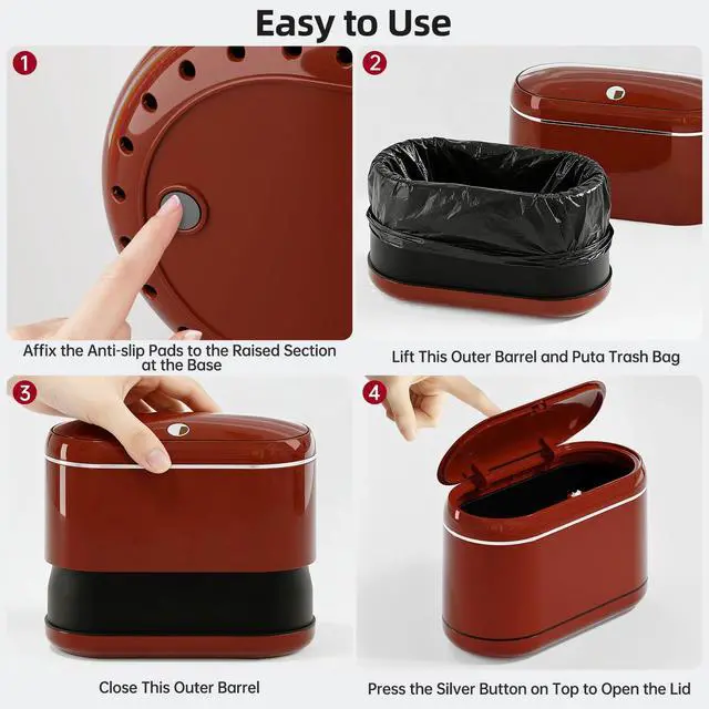 Alt view image 7 of 7 - Mini Trash Can for Desk with 5 Rolls of Trash Bags, Small Press-Top Countertop Garbage Bin, Removable Waste Basket for Bedroom, Vanity, Coffee Table, Kitchen (Red Full-Lid)