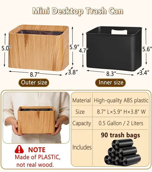 Alt view image 2 of 6 - Mini Trash Can for Desk(0.5Gal/2L),Tiny Countertop Trash Can (with 90 Bags),Small Office Desktop Garbage Cans,Tabletop Waste Basket with Open Top,Mini Trash Bin for Bedroom,Vanity,Car