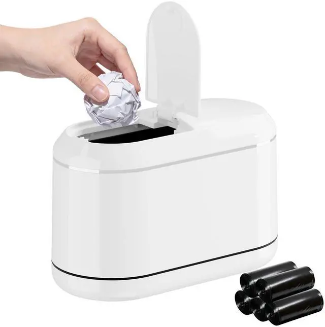 Main image of Mini Trash Can for Desk with 5 Rolls of Trash Bags, Small Press-Top Countertop Garbage Bin, Removable Waste Basket for Bedroom, Vanity, Coffee Table, Kitchen (White Half-Lid)