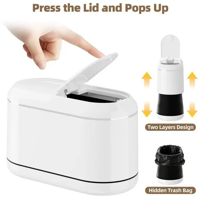 Alt view image 3 of 7 - Mini Trash Can for Desk with 5 Rolls of Trash Bags, Small Press-Top Countertop Garbage Bin, Removable Waste Basket for Bedroom, Vanity, Coffee Table, Kitchen (White Half-Lid)