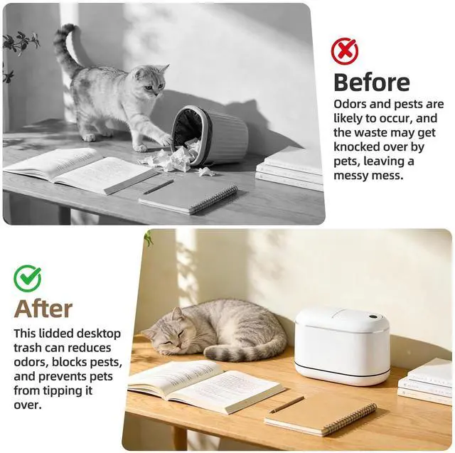 Alt view image 4 of 7 - Mini Trash Can for Desk with 5 Rolls of Trash Bags, Small Press-Top Countertop Garbage Bin, Removable Waste Basket for Bedroom, Vanity, Coffee Table, Kitchen (White Half-Lid)