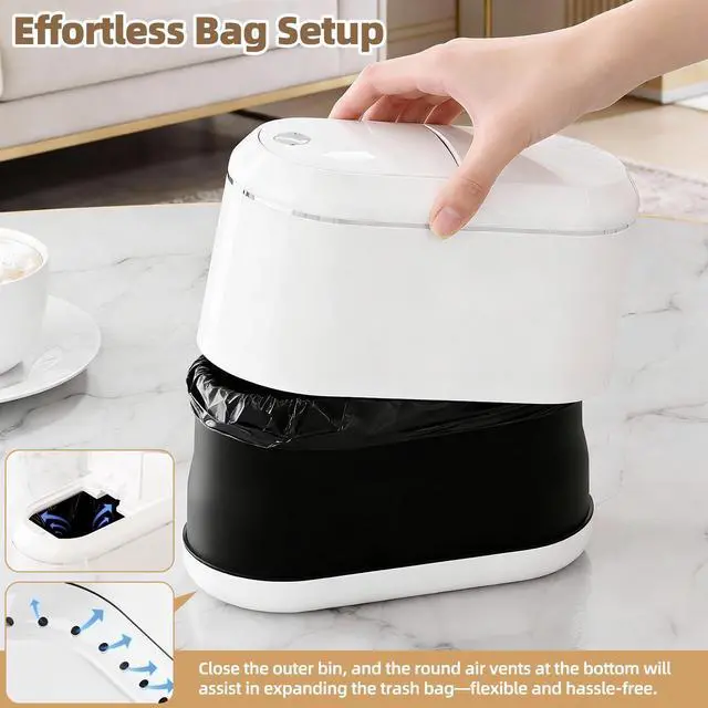 Alt view image 5 of 7 - Mini Trash Can for Desk with 5 Rolls of Trash Bags, Small Press-Top Countertop Garbage Bin, Removable Waste Basket for Bedroom, Vanity, Coffee Table, Kitchen (White Half-Lid)