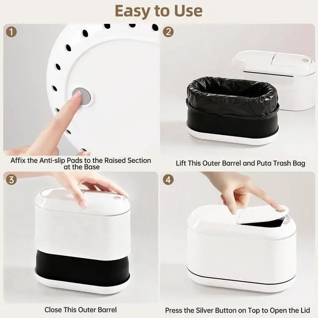 Alt view image 7 of 7 - Mini Trash Can for Desk with 5 Rolls of Trash Bags, Small Press-Top Countertop Garbage Bin, Removable Waste Basket for Bedroom, Vanity, Coffee Table, Kitchen (White Half-Lid)