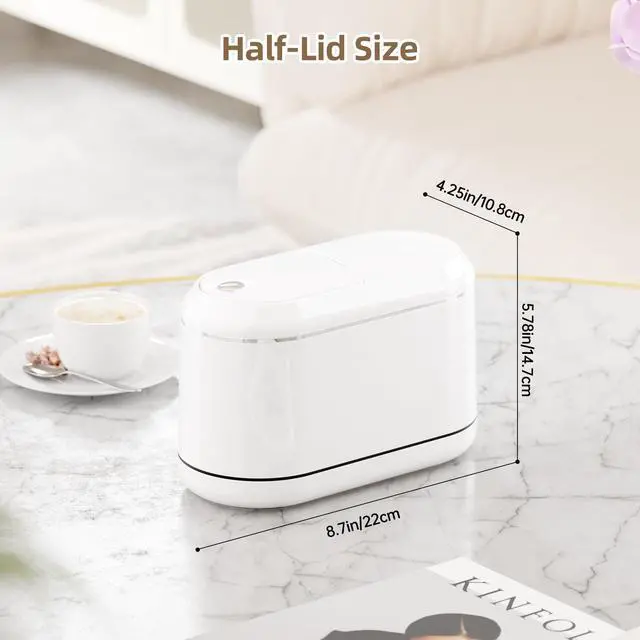 Alt view image 2 of 7 - Mini Trash Can for Desk with 5 Rolls of Trash Bags, Small Press-Top Countertop Garbage Bin, Removable Waste Basket for Bedroom, Vanity, Coffee Table, Kitchen (White Half-Lid)