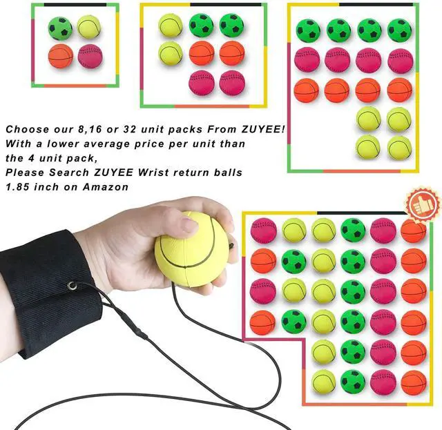 Alt view image 2 of 7 - 8-Pack 1.85 Inch Wrist Return Balls - Rubber Balls on Elastic String Sports Rebound Toy for Kids Teens Wrist Exercise & Play (Basketball, Baseball, Soccer)