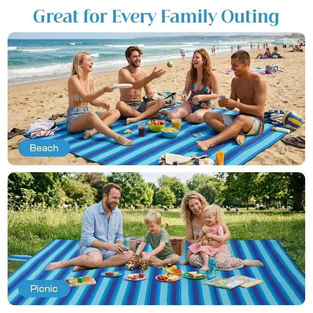Alt view image 3 of 7 - Beach Blanket Waterproof Sandproof - Oversized Extra Large Beach Mat for 3-4 People, Lightweight Sand Free Mat for Summer Vacation with 6 Stakes & 4 Corner Pockets for Beach, Camping 7x7ft Blue Stripe