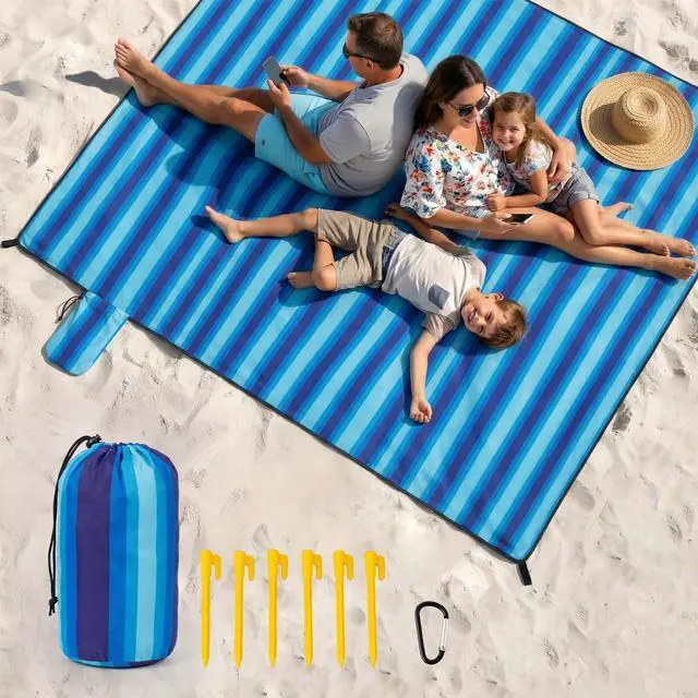 Main image of Beach Blanket Waterproof Sandproof - Oversized Extra Large Beach Mat for 3-4 People, Lightweight Sand Free Mat for Summer Vacation with 6 Stakes & 4 Corner Pockets for Beach, Camping 7x7ft Blue Stripe