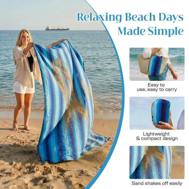 Alt view image 6 of 7 - Beach Blanket Waterproof Sandproof - Oversized Extra Large Beach Mat for 3-4 People, Lightweight Sand Free Mat for Summer Vacation with 6 Stakes & 4 Corner Pockets for Beach, Camping 7x7ft Blue Stripe