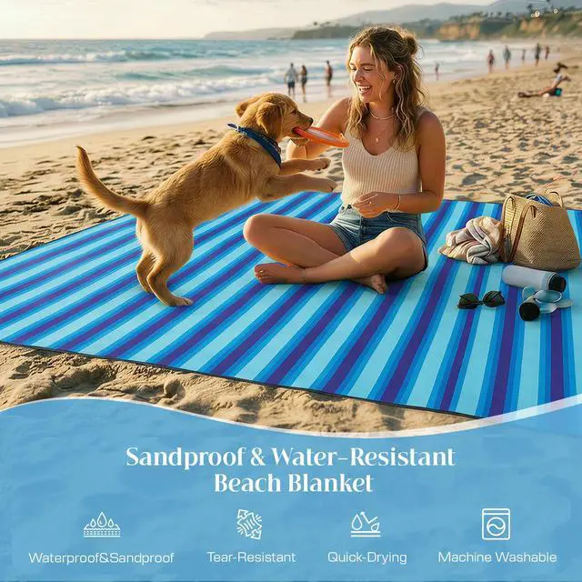Alt view image 4 of 7 - Beach Blanket Waterproof Sandproof - Oversized Extra Large Beach Mat for 3-4 People, Lightweight Sand Free Mat for Summer Vacation with 6 Stakes & 4 Corner Pockets for Beach, Camping 7x7ft Blue Stripe