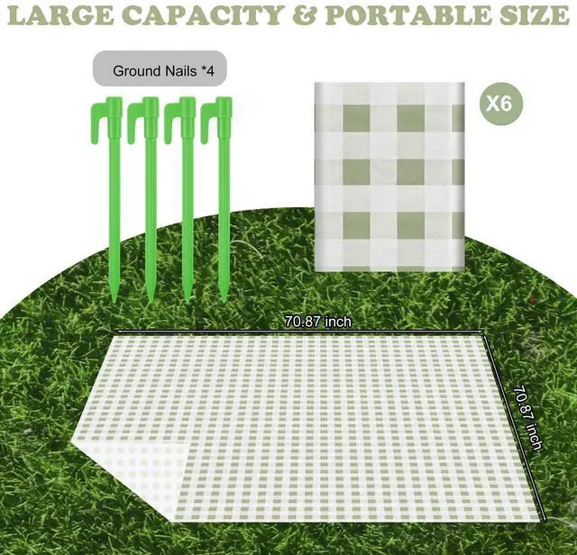 Alt view image 2 of 7 - 6 Pcs Disposable Outdoor Picnic Blankets 71''x71'' Thicken Foldable Waterproof Picnic Mats Bulk Gingham Oil Proof Camping Blankets with 4 Ground Spikes Beach Travel(Green and White)