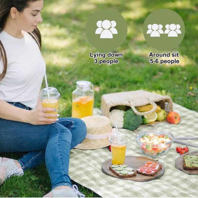 Alt view image 3 of 7 - 6 Pcs Disposable Outdoor Picnic Blankets 71''x71'' Thicken Foldable Waterproof Picnic Mats Bulk Gingham Oil Proof Camping Blankets with 4 Ground Spikes Beach Travel(Green and White)