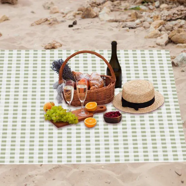 Alt view image 4 of 7 - 6 Pcs Disposable Outdoor Picnic Blankets 71''x71'' Thicken Foldable Waterproof Picnic Mats Bulk Gingham Oil Proof Camping Blankets with 4 Ground Spikes Beach Travel(Green and White)