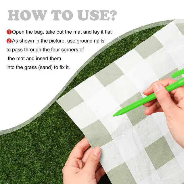 Alt view image 7 of 7 - 6 Pcs Disposable Outdoor Picnic Blankets 71''x71'' Thicken Foldable Waterproof Picnic Mats Bulk Gingham Oil Proof Camping Blankets with 4 Ground Spikes Beach Travel(Green and White)