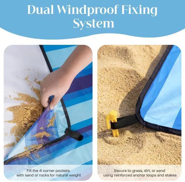 Alt view image 7 of 7 - Beach Blanket Waterproof Sandproof - Oversized Extra Large Beach Mat for 3-4 People, Lightweight Sand Free Mat for Summer Vacation with 6 Stakes & 4 Corner Pockets for Beach, Camping 7x7ft Blue Stripe