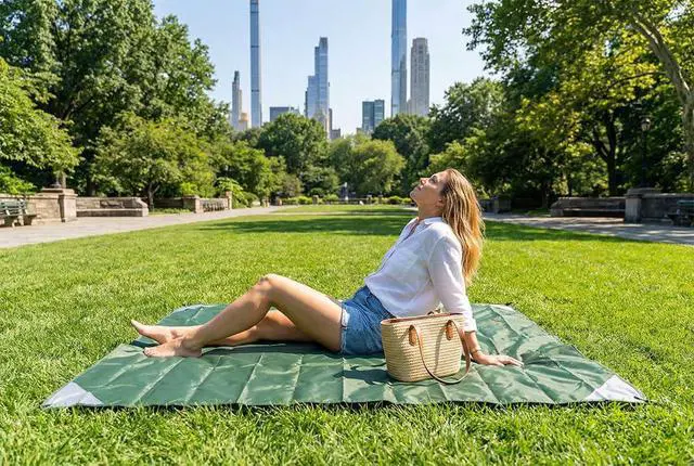 Alt view image 4 of 6 - Pocket Picnic Blanket, Beach Mat Waterproof Sandproof, Compact Lightweight Small Tarp for Camping, Hiking, Backpacking, Festival, Travel, Foldable in Bags (Army Green/Grey, 55"x60")