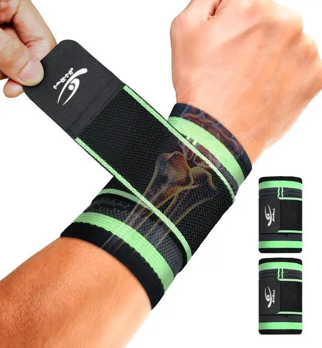Main image of Wrist Brace Wrist Wraps Compression Wrist Strap, Wrist Support for Work Fitness Weightlifting Sprains Tendonitis, Carpal Tunnel Arthritis, Pain Relief, Adjustable Wristbands 2 PACK (Green, S)