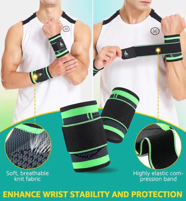 Alt view image 2 of 7 - Wrist Brace Wrist Wraps Compression Wrist Strap, Wrist Support for Work Fitness Weightlifting Sprains Tendonitis, Carpal Tunnel Arthritis, Pain Relief, Adjustable Wristbands 2 PACK (Green, S)